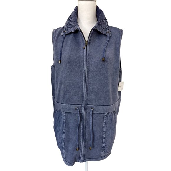 PBJ Draw String Womens L Indigo Hooded Vest Cotton Zip Front Y2K Beach Comfy NWT - Picture 1 of 15